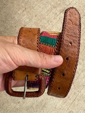 Vintage Brown Leather & Multicolor Cotton Ikat Fabric Boho Belt Size XS